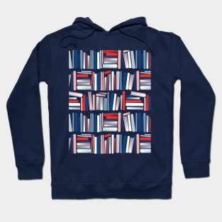 Colourful books // oxford navy blue bookshelf background neon red flesh coral white classic and pastel blue books Hoodie